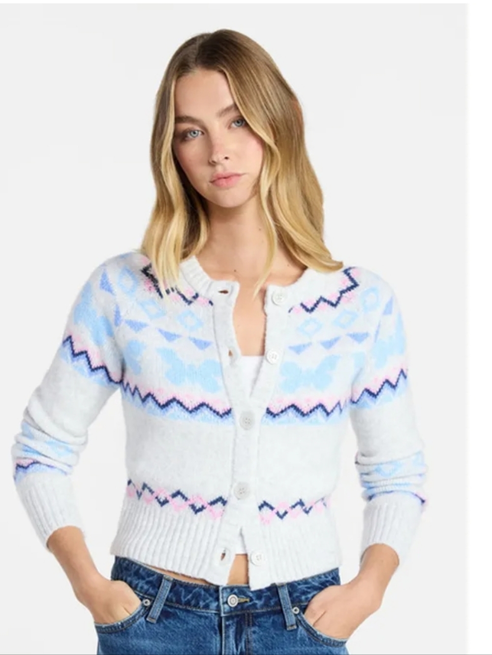 No Boundaries Women's and Women's Plus Jacquard Cardigan